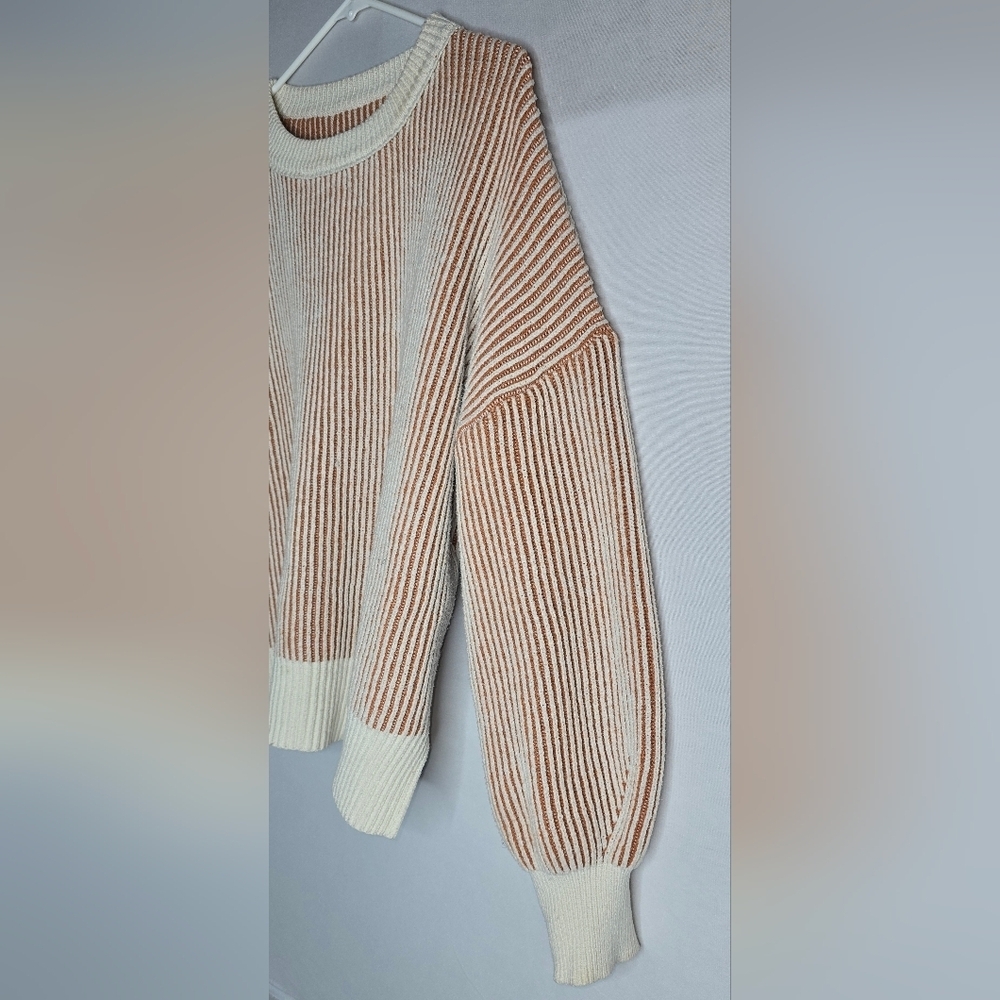 Sweater Women's Size Large Pullover Beige Burnt Orange Balloon Sleeve Ribbed - Picture 3 of 7